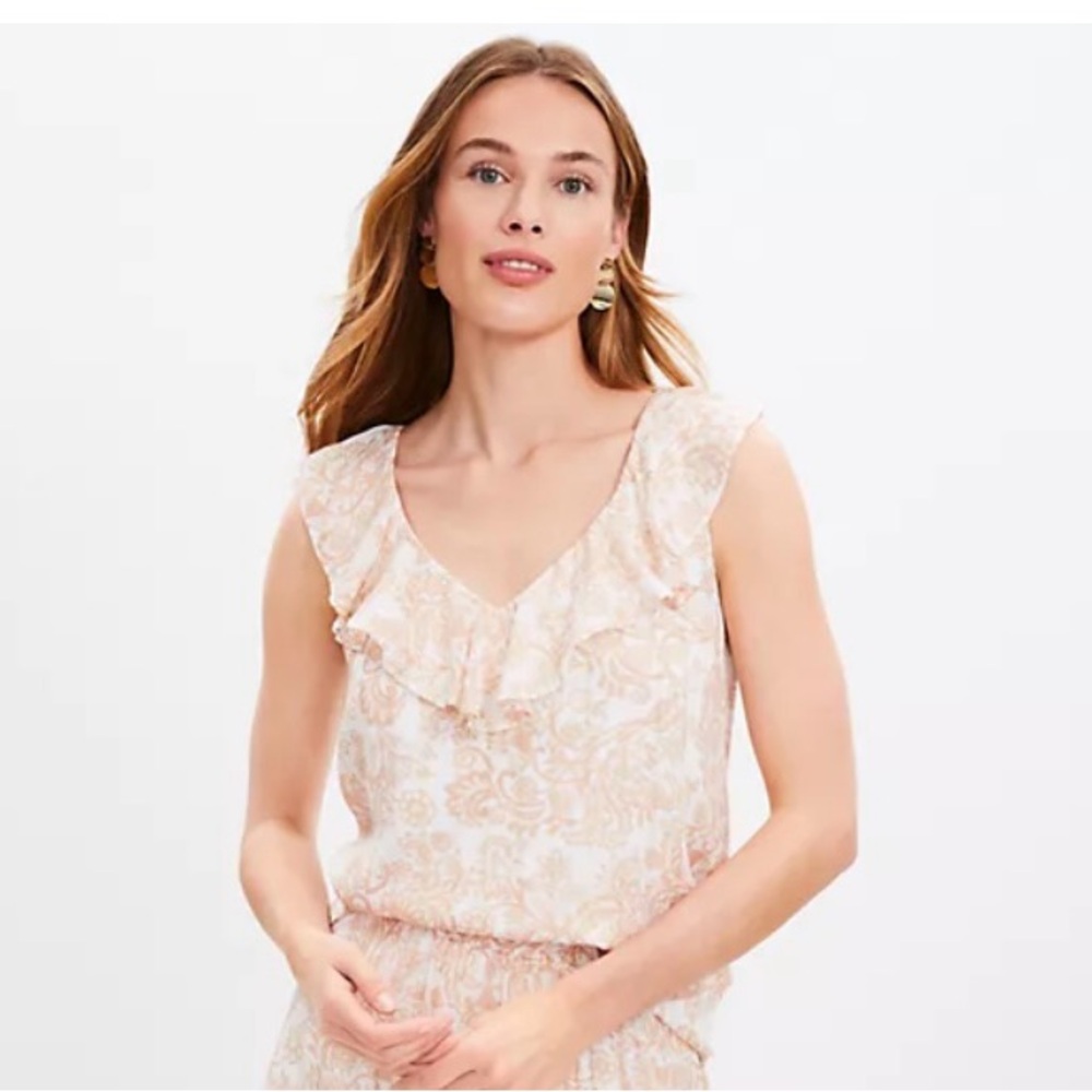 LOFT Shimmer Ruffle Sleeveless V-Neck Lined Shell with Tan Paisley Print - Picture 5 of 11